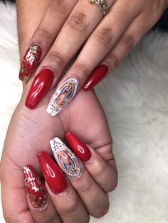 Guadalupe Nails, Quinceañera Nails, Nails For Quinceanera, Mexico Nails, Mexican Nails, Quince Nails, Quinceanera Nails, Cute Short Nails, Red Acrylic Nails