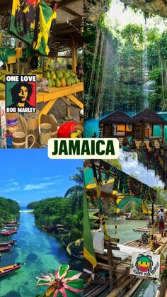 jamaica collage with images of boats, trees and people in the water at different times of day