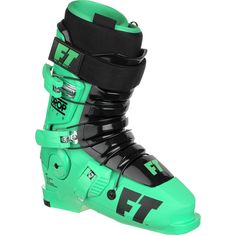 a pair of green and black ski boots with the word f on it's side