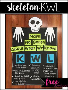 a bulletin board with words written on it that say skeleton k vl make no bones about what we know