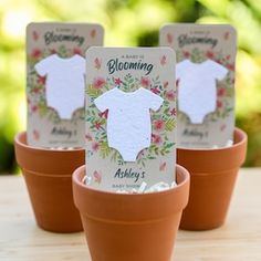 three potted plants with baby's clothes on them, each holding a card