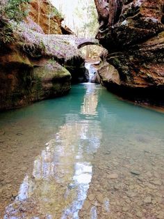 a river running through a lush green forest filled with lots of rocks and water under a bridge