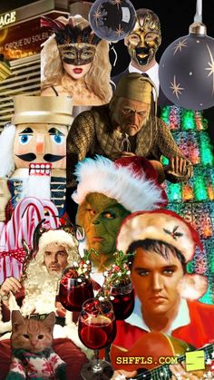 a collage of people dressed up as santa clause and other christmas characters with holiday decorations