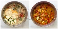 two pictures showing different types of food being cooked in the same pan as well as rice and zucchini