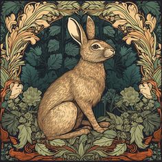 a drawing of a rabbit sitting in the middle of leaves and flowers with an ornate frame around it