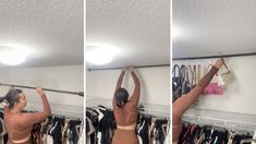 a woman is trying to hang her clothes in the closet