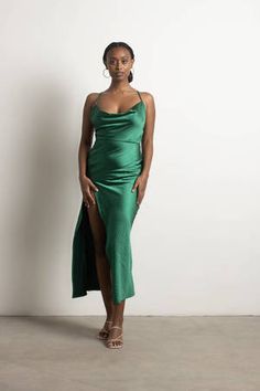 Always Yours Green Satin Cowl Neck Slit Midi Dress - $40 | Tobi US Satin Cowl Neck Dress, Sophisticated Wedding, Cowl Neck Dress, Guest Dress, Cowl Neckline, Satin Midi Dress, Green Midi Dress, Dress Prom, Satin Material