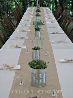 the long table is set up with succulents, candles and napkins