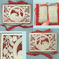 three pictures of the inside of a box with red ribbon and white paper cutouts