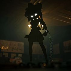 a silhouette of a woman with glowing eyes and chains