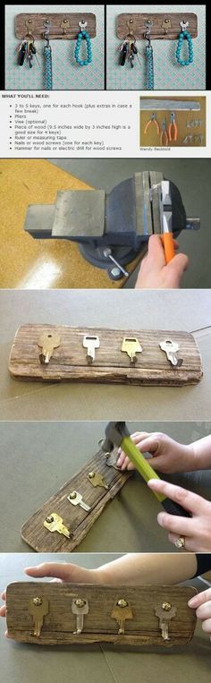 several pictures showing how to make a wooden coat rack