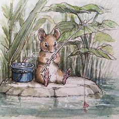 a painting of a mouse playing the violin on top of a rock next to water