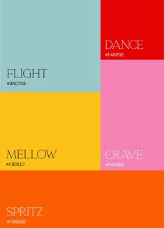 four different colored squares with the words, flight and mellow in each color scheme