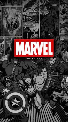 an image of the avengers team in black and white with red lettering that reads,'marvel