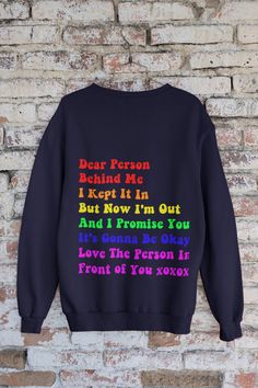 Dear Person Behind Me Sweatshirt, Lesbian Gift Sweatshirt, Lesbian Sweatshirt, Trendy Hoodie With Sayings On Back, With Words on Back 💖 Thanks for stopping by Cheeky Trove! We appreciate every customer! 🎁 Our sweatshirts are a sturdy and warm sweatshirt bound to keep you warm in the colder months. A pre-shrunk, classic fit sweater that's made with air-jet spun yarn for a soft feel and reduced pilling. 🎁 Cheeky Trove designs are a perfect treat for you or a great gift for your friends, family,