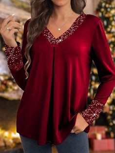 Women's Blouse Christmas Shirt Velvet Red Sparkly Sequins Long Sleeve Party Christmas Casual Festival / Holiday V Neck Regular Fit Fall & Winter Casual Festival, Stylish Tops For Women, Womens Christmas Shirts, Trendy Tops For Women, Trendy Fashion Tops, Velvet Blouses, Winter Color, Red Sequin, Sleeve Pattern