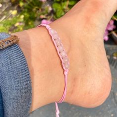 Handmade Rose Quartz knotted rope adjustable 2 in 1 anklet and bracelet. Suitable for all sizes. ROSE QUARTZ - unconditional love - harmony - confidence - inner peace - loyalty The perfect gift for loved ones, friends or a treat to yourself. 🤩 Comes in a gift bag with lavender/rose petals. PER ORDER you will receive a complimentary crystal that will be chosen intuitively and an oracle card. Adjustable Spiritual Anklets As A Gift, Adjustable Anklets For Gifts, Adjustable Casual Rose Quartz Bracelets, Casual Adjustable Rose Quartz Bracelets, Adjustable Pink Bohemian Anklets, Adjustable Ankle Wrap Jewelry Gift, Adjustable Ankle Wrap Jewelry As A Gift, Casual Adjustable Ankle Wrap Jewelry, Knotted Rope