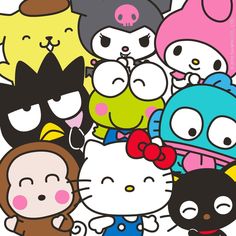 a group of hello kitty and other cartoon characters with their faces painted in different colors