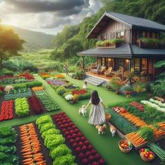 a woman is walking her dogs through a garden with vegetables and flowers in the foreground