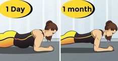 a woman doing push ups on her stomach with the words day 1 month above it