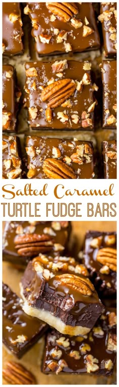 chocolate caramel turtle fudge bars stacked on top of each other with pecans