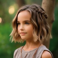 Wavy Bob with Side Braid Hair Cuts For Girls Medium Kids, Shoulder Length Haircut Girls Kids, Short Hair Styles Little Kids, Kids Lob Haircut, Short Hair For Girls Ideas, Girl Short Haircut Kids, Girls Haircut Shoulder Length, Girls Chin Length Haircut Kids, Shoulder Length Hair For Girls Kids