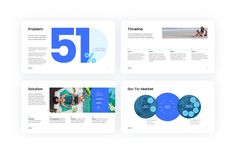 four presentation slides with blue and white circles on them, including the number 51 %