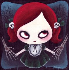 a painting of a girl with red hair and skeleton hands