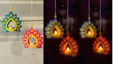 diwali decorations hanging from strings with candles in the middle and an image of a candle