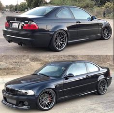 two pictures of the same black car in different stages, one is showing its rear end and