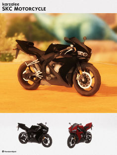 three different motorcycles are shown side by side on the same page, one is red and one is black