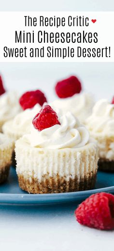 mini cheesecakes with white frosting and raspberries on a blue plate