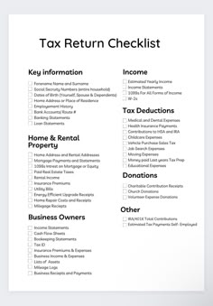 the tax return checklist is shown in black and white, with text on it