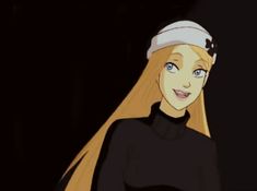 a woman with long blonde hair wearing a black shirt and a white headband is standing in the dark