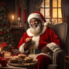 a man dressed as santa claus eating cookies in front of a christmas tree and presents