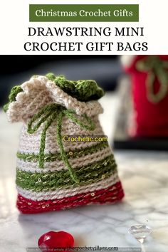 a crocheted bag sitting on top of a table with the title christmas crochet gifts drawstring mini crochet gift bags