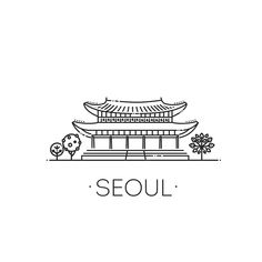 a black and white photo with the word seoul in front of an image of a building