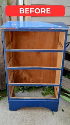 an old dresser is painted blue and has been turned into a shelf with the words, before