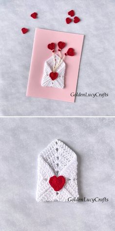 crocheted valentine's day card and envelope with hearts on it, made to look like an envelope