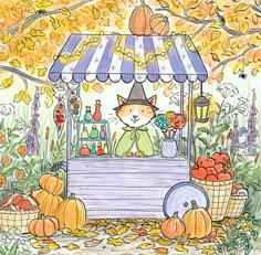 a drawing of a cat selling pumpkins at an outdoor vendor's booth in the fall