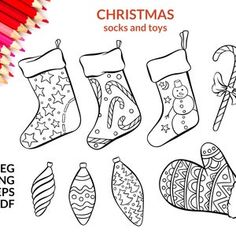 christmas stockings and toys coloring page with pencils