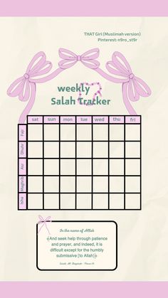 a calendar with pink bows on it and the words weekly salah trainer written below