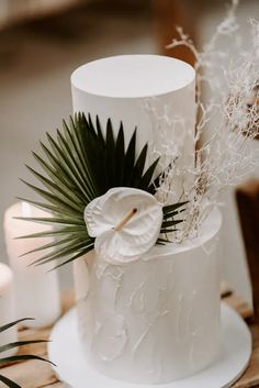 a white wedding cake with palm leaves on top