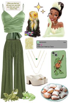 Green silk wrap top paired with dark green pleated trousers. Off white platform heels. Yellow hair beads. Silk green and yellow flower print hair wrap. Gold layered necklaces with emerald center stone. Green phone case with a graphic of a frog playing the guitar. Princess Tiana Costume, Disney Princess Inspired Outfits, Tiana Costume, Tiana Disney, Disney Outfits Women, Princesa Tiana