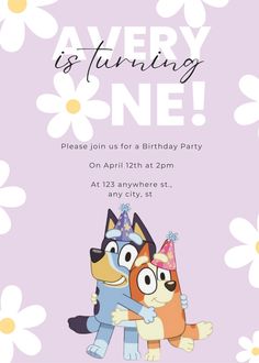 a birthday party with two cartoon characters on the front and back of it, in purple