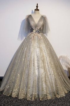 Empire A-line Grey and Gold Sequins Long Ball Gown Puffy Prom Dresses, Long Ball Gown, Long A Line Skirt, Custom Prom Dress, Gown Photos, Quinceanera Dress, Sequin Appliques, Illusion Dress, Wedding Gowns Vintage