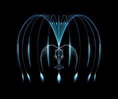 an abstract image with blue lines and shapes on a black background in the shape of a bird's wings