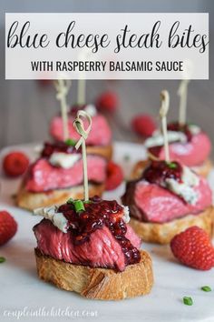 blue cheese steak bites with raspberry balsamic sauce on toasted bread