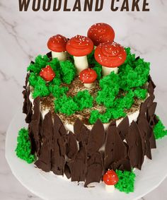 there is a cake that has mushrooms on the top and green grass in the middle