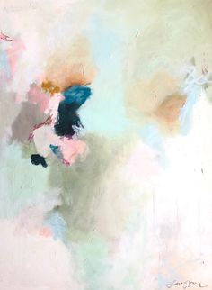 an abstract painting with blue, pink and white colors